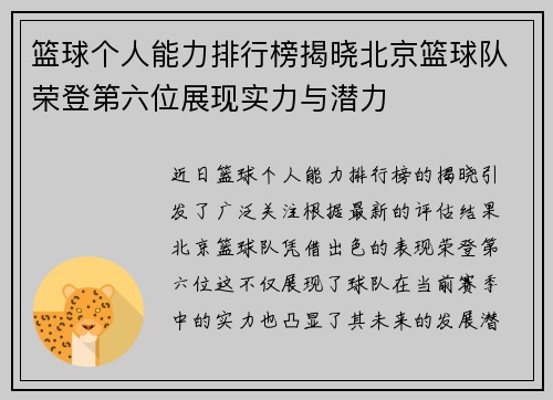 篮球个人能力排行榜揭晓北京篮球队荣登第六位展现实力与潜力